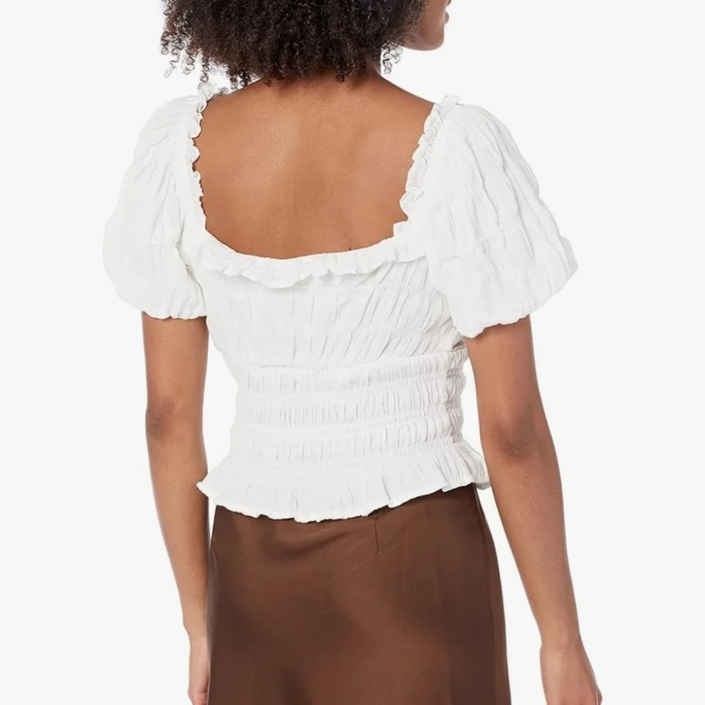 Astr The Label Anza White Puff Sleeve Smocked Milkmaid Peasant Top Large NWOT